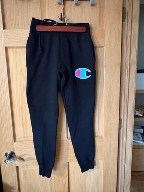 Champion Black Jogger Sweatpants with Blue and Pink Logo